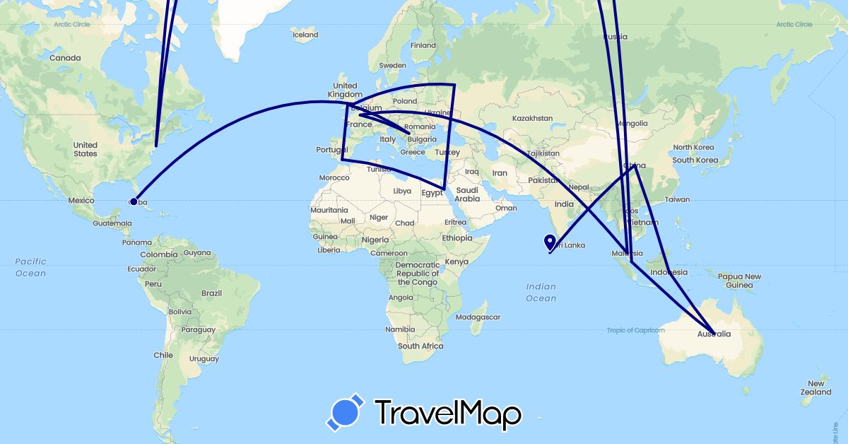 TravelMap itinerary: driving in Australia, China, Cuba, Egypt, Spain, France, United Kingdom, Indonesia, Maldives, Malaysia, Serbia, Russia, Singapore, United States (Africa, Asia, Europe, North America, Oceania)
